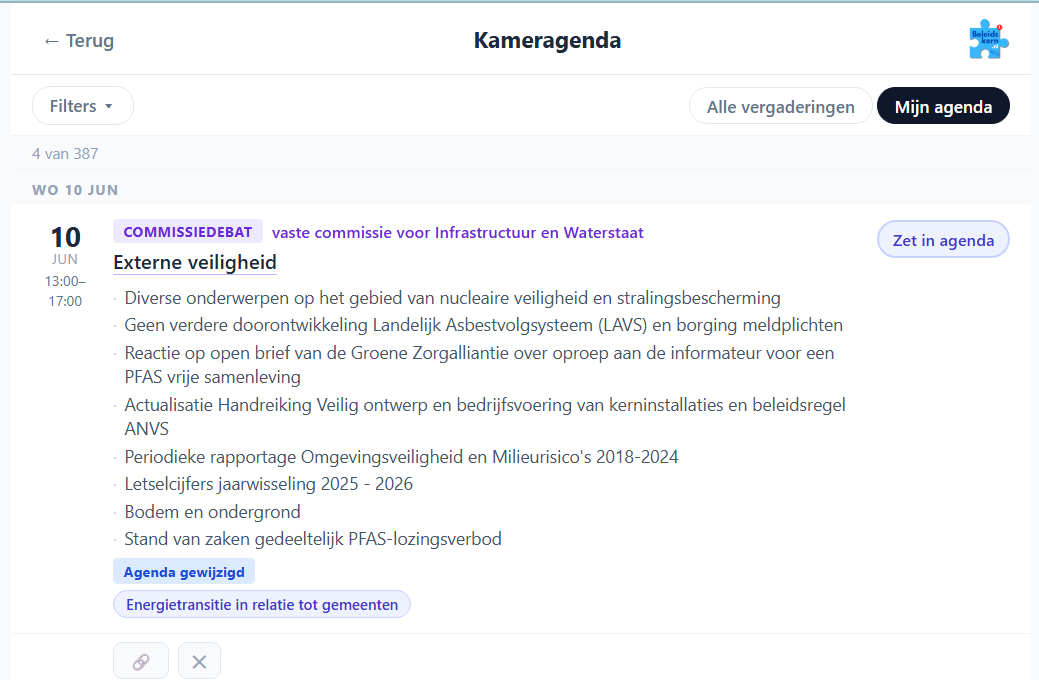 Kameragenda met commissievergaderingen op je dossiers